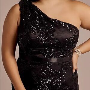 David's Bridal Black Sequin One-Shoulder Dress